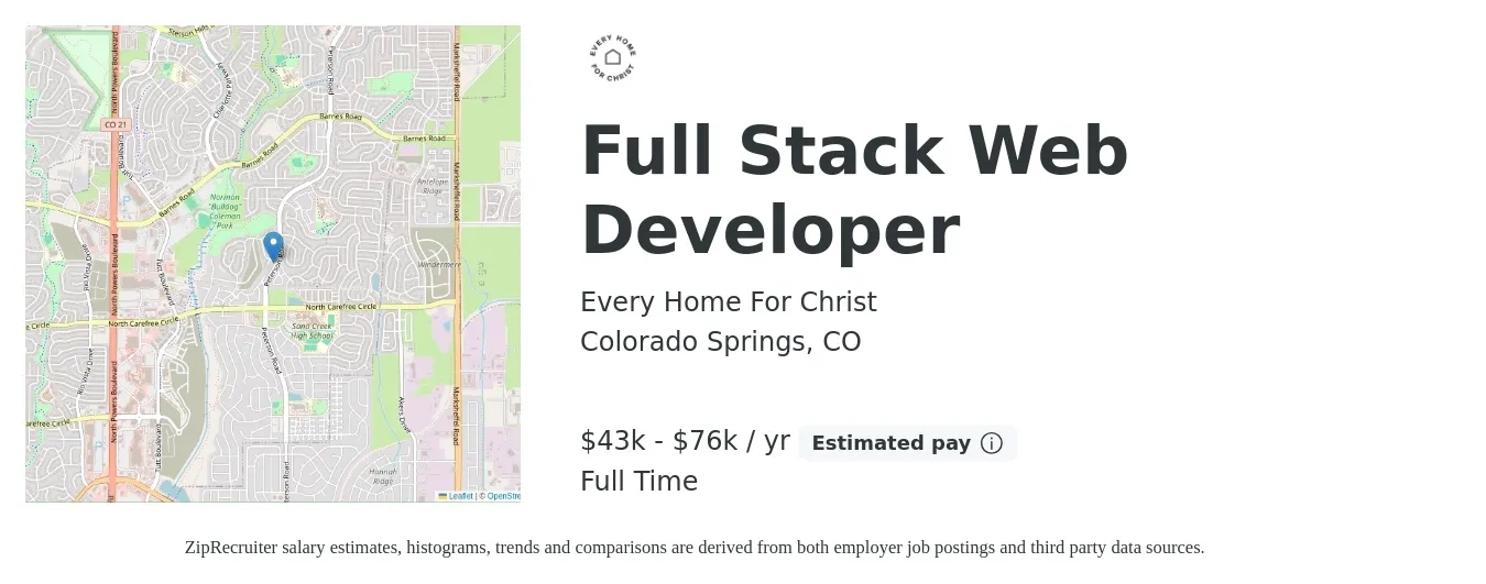 Every Home For Christ job posting for a Full Stack Web Developer in Colorado Springs, CO with a salary of $43,834 to $76,978 Yearly with a map of Colorado Springs location.