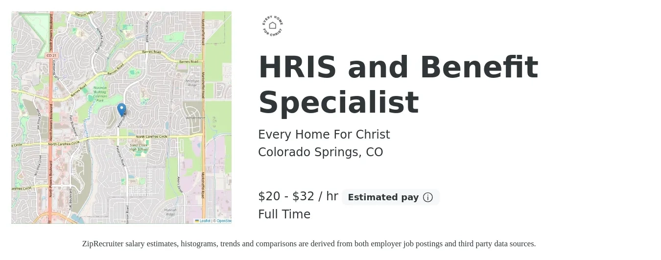 Every Home For Christ job posting for a HRIS and Benefit Specialist in Colorado Springs, CO with a salary of $21 to $34 Hourly with a map of Colorado Springs location.