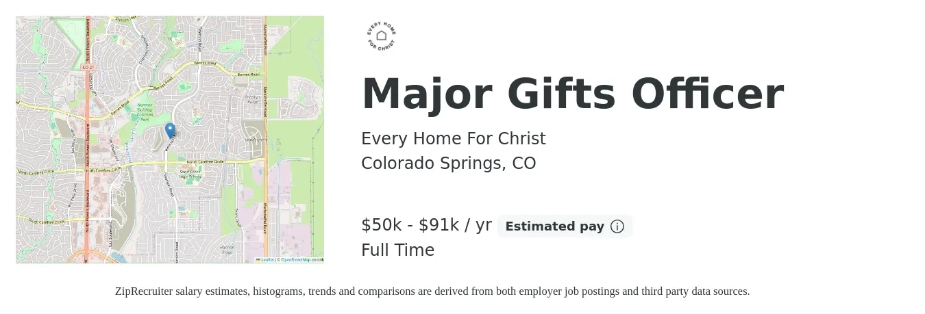 Every Home For Christ job posting for a Major Gifts Officer in Colorado Springs, CO with a salary of $50,258 to $91,096 Yearly with a map of Colorado Springs location.