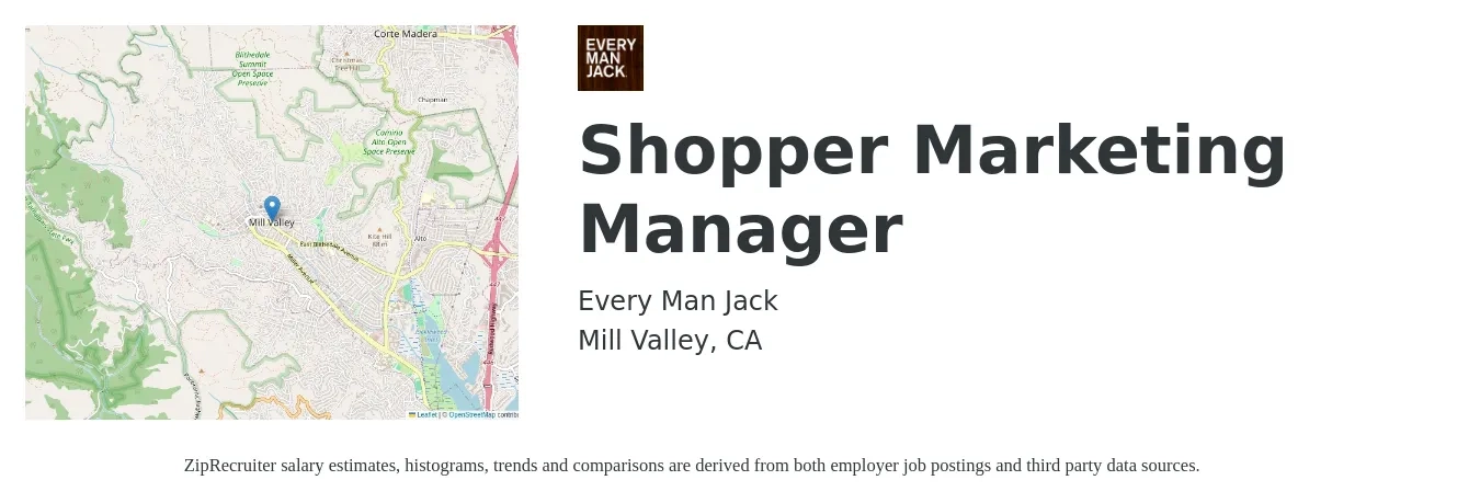 Every Man Jack job posting for a Shopper Marketing Manager in Mill Valley, CA with a salary of $120,000 to $135,000 Yearly with a map of Mill Valley location.