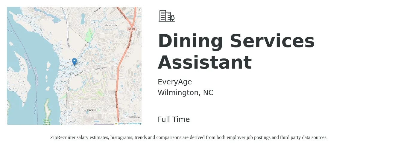 EveryAge job posting for a Dining Services Assistant in Wilmington, NC with a salary of $13 to $18 Hourly with a map of Wilmington location.