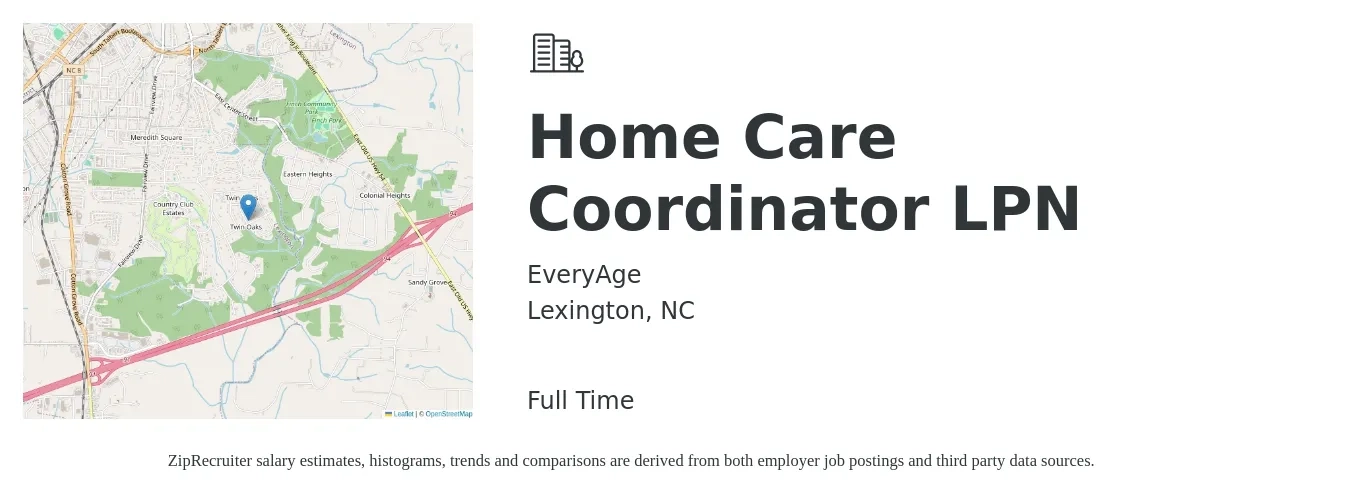 EveryAge job posting for a Home Care Coordinator LPN in Lexington, NC with a salary of $21 to $28 Hourly with a map of Lexington location.