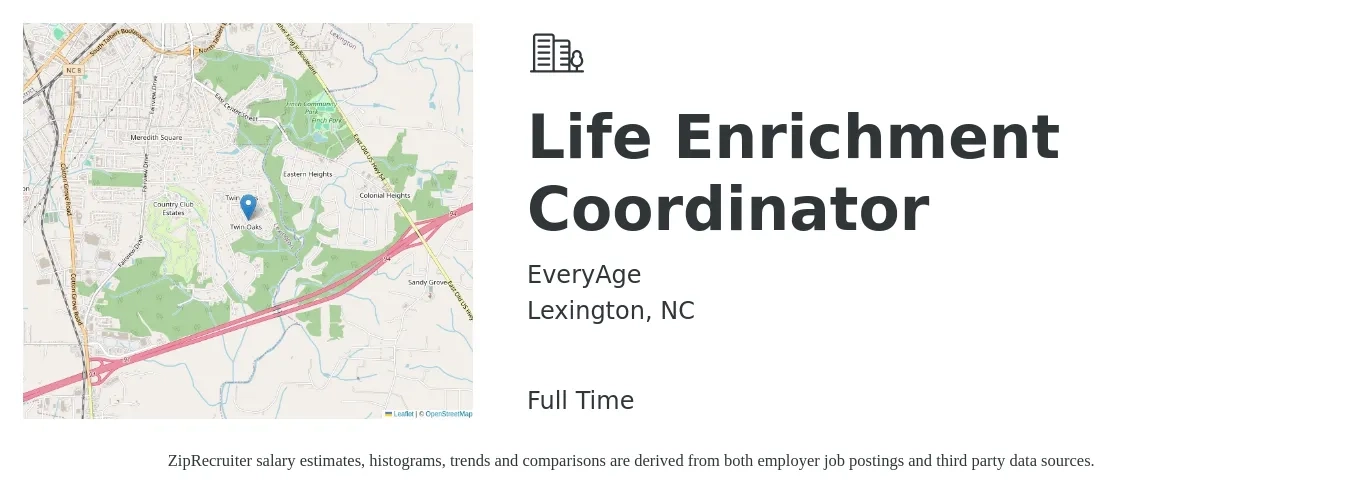 EveryAge job posting for a Life Enrichment Coordinator in Lexington, NC with a salary of $13 to $17 Hourly with a map of Lexington location.