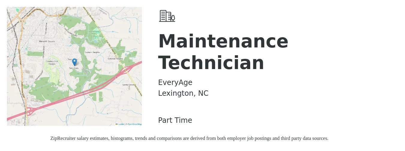 EveryAge job posting for a Maintenance Technician in Lexington, NC with a salary of $16 to $22 Hourly with a map of Lexington location.