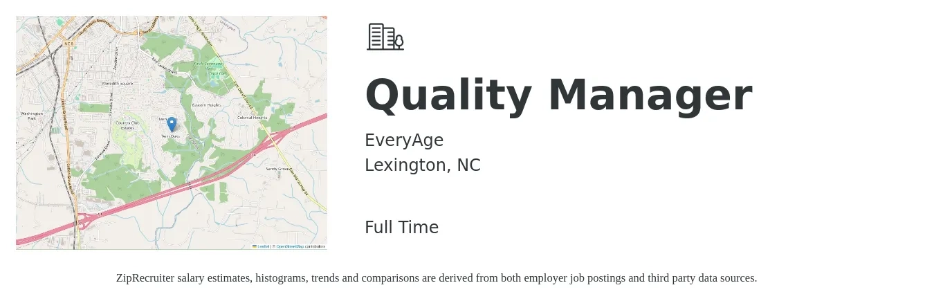 EveryAge job posting for a Quality Manager in Lexington, NC with a salary of $56,800 to $88,600 Yearly with a map of Lexington location.