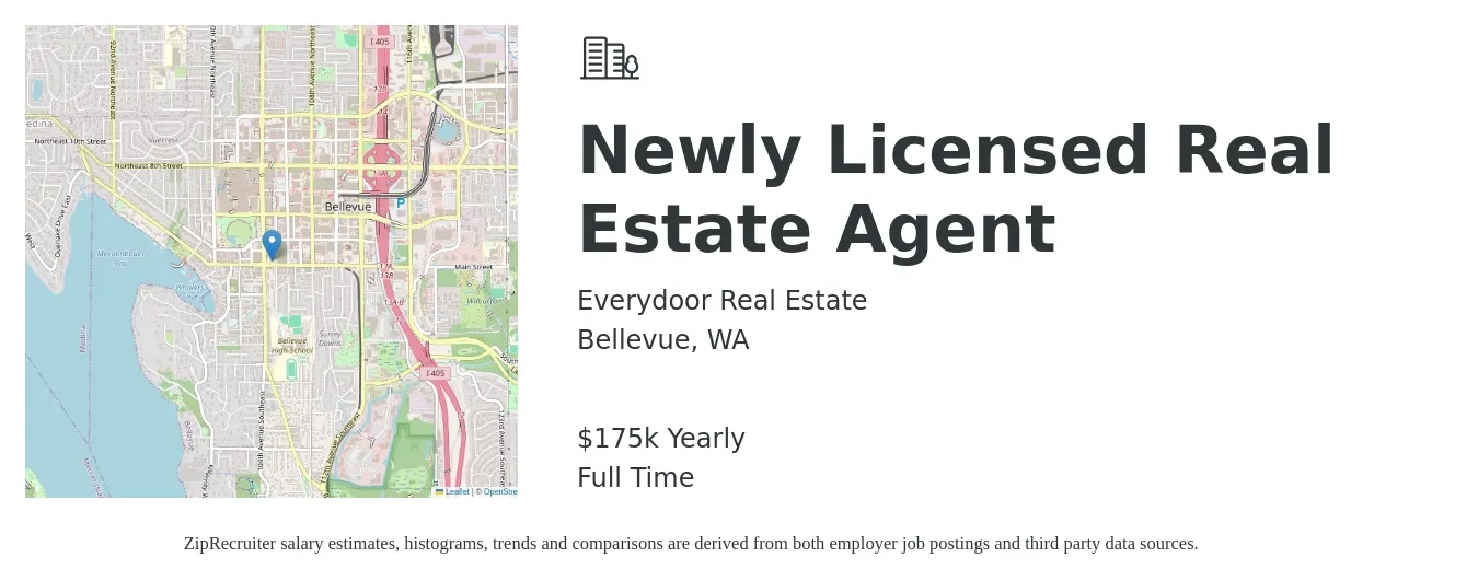 Everydoor Real Estate job posting for a Newly Licensed Real Estate Agent in Bellevue, WA with a salary of $175,000 Yearly with a map of Bellevue location.