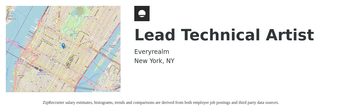 Everyrealm job posting for a Lead Technical Artist in New York, NY with a salary of $24 to $54 Hourly with a map of New York location.
