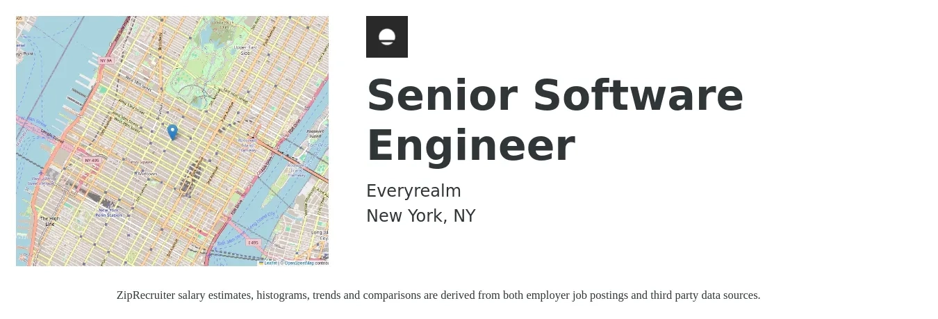Everyrealm job posting for a Senior Software Engineer in New York, NY with a salary of $130,000 to $220,000 Yearly with a map of New York location.