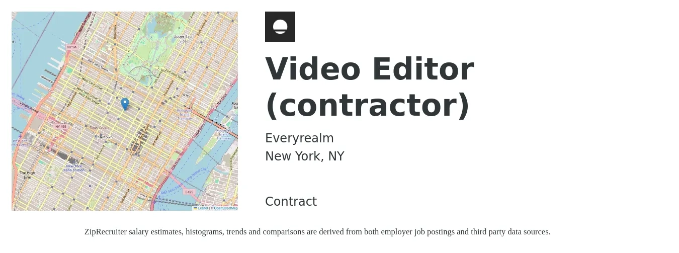 Everyrealm job posting for a Video Editor (contractor) in New York, NY with a salary of $24 to $45 Hourly with a map of New York location.