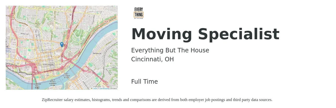 Everything But The House job posting for a Moving Specialist in Cincinnati, OH with a salary of $16 to $24 Hourly with a map of Cincinnati location.