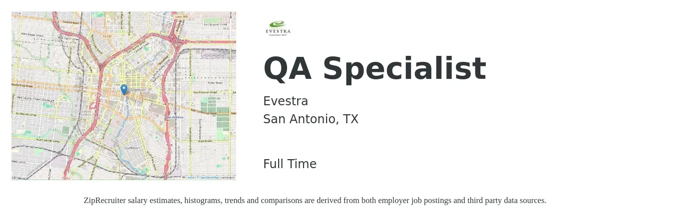 Evestra job posting for a QA Specialist in San Antonio, TX with a salary of $49,000 to $72,600 Yearly with a map of San Antonio location.