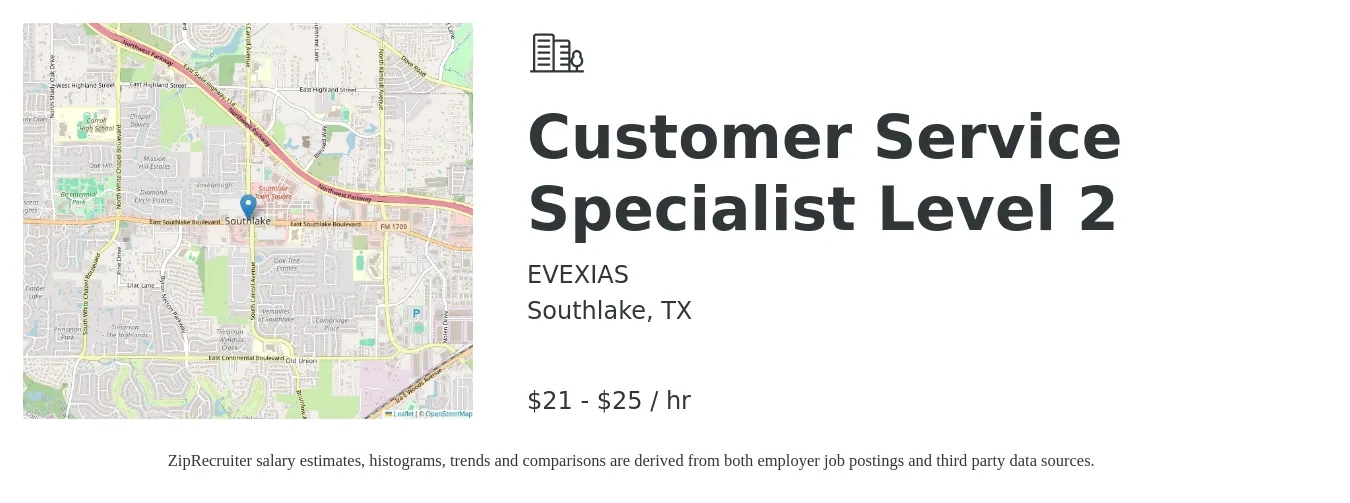 Evexias job posting for a Customer Service Specialist - Level 2 in Southlake, TX with a salary of $22 to $27 Hourly with a map of Southlake location.