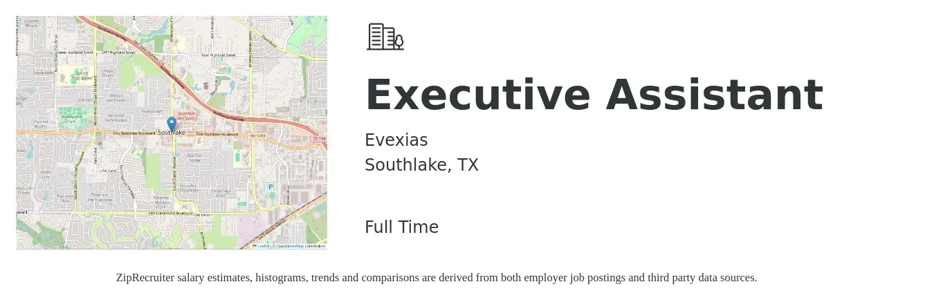 Evexias job posting for a Executive Assistant in Southlake, TX with a salary of $47,100 to $70,600 Yearly with a map of Southlake location.