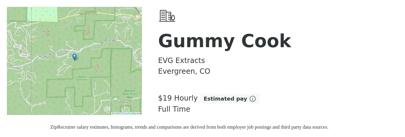 EVG Extracts job posting for a Gummy Cook in Evergreen, CO with a salary of $20 Hourly with a map of Evergreen location.