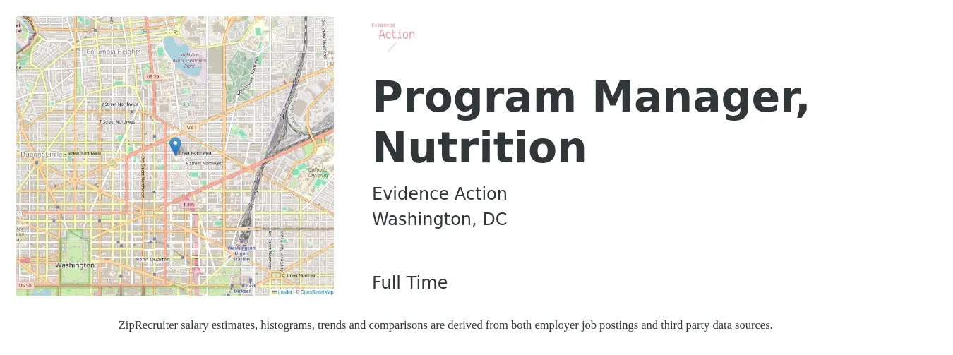 Evidence Action job posting for a Program Manager, Nutrition in Washington, DC with a salary of $90,000 to $150,100 Yearly with a map of Washington location.