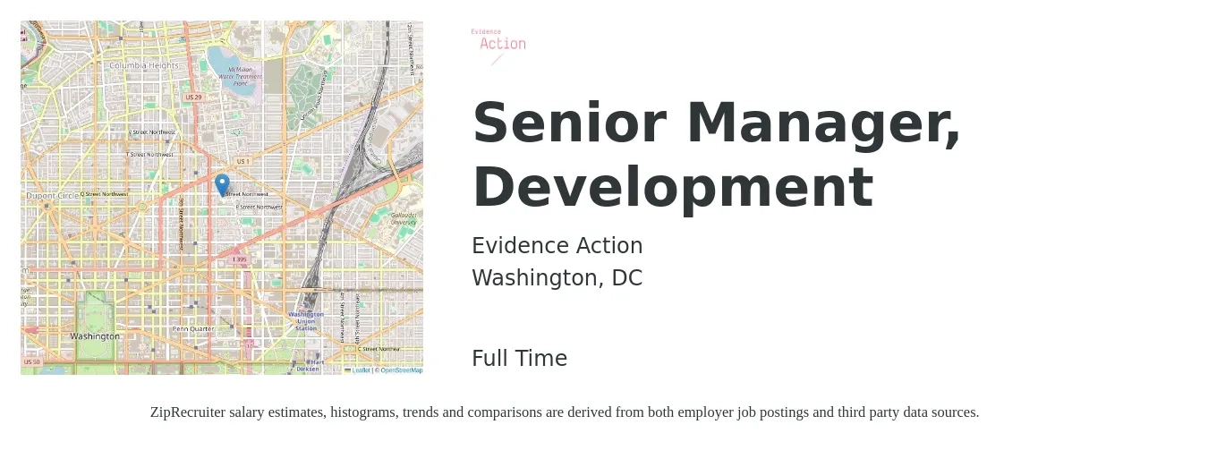 Evidence Action job posting for a Senior Manager, Development in Washington, DC with a salary of $91,200 to $153,500 Yearly with a map of Washington location.
