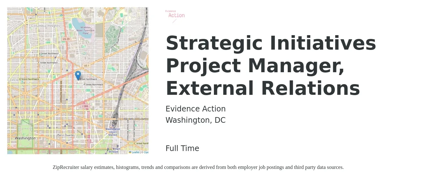 Evidence Action job posting for a Strategic Initiatives Project Manager, External Relations in Washington, DC with a salary of $87,200 to $148,900 Yearly with a map of Washington location.