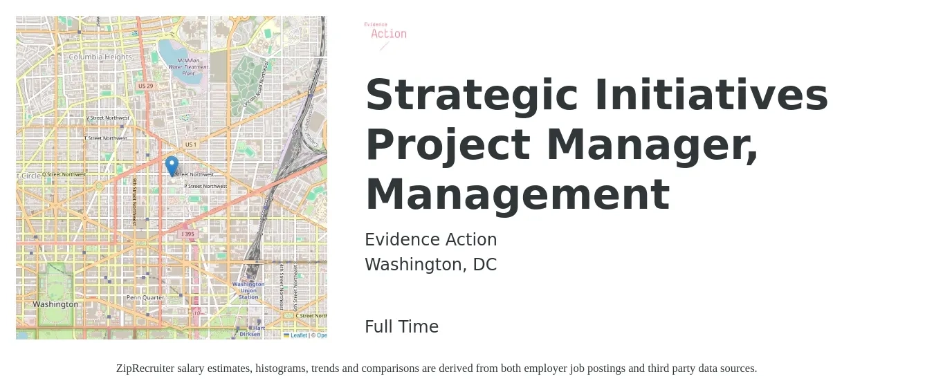 Evidence Action job posting for a Strategic Initiatives Project Manager, Management in Washington, DC with a salary of $74,800 to $126,300 Yearly with a map of Washington location.