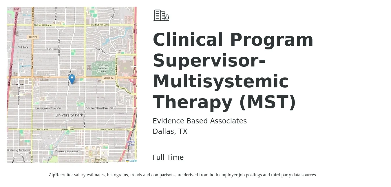 Evidence Based Associates job posting for a Clinical Program Supervisor- Multisystemic Therapy (MST) in Dallas, TX with a salary of $70,000 to $80,000 Yearly with a map of Dallas location.