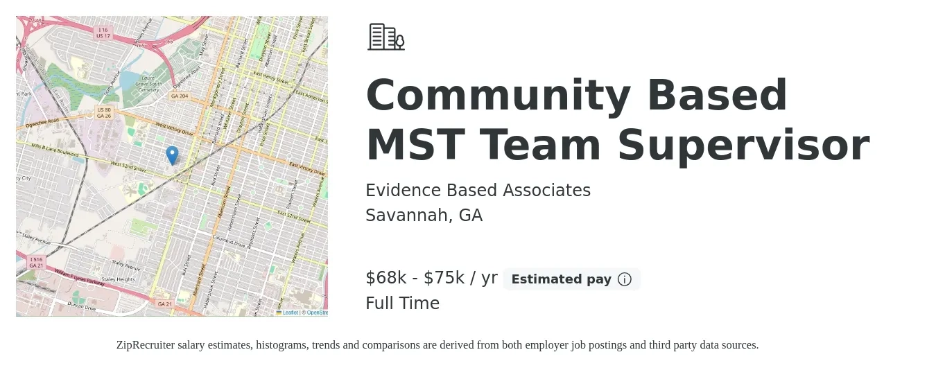 Evidence Based Associates job posting for a Community Based MST Team Supervisor in Savannah, GA with a salary of $68,250 to $75,900 Yearly with a map of Savannah location.