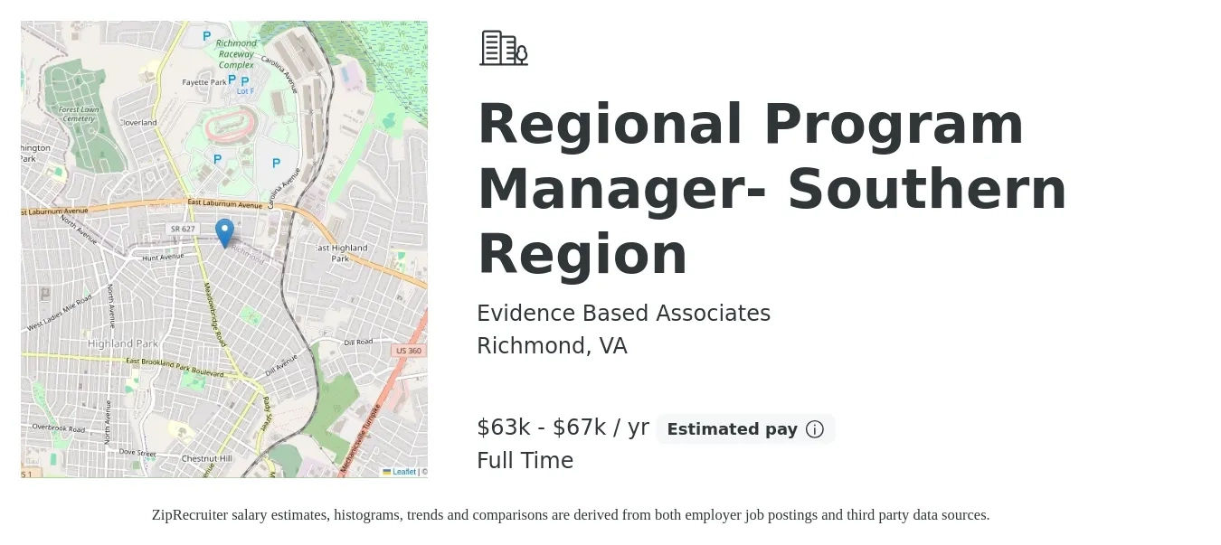 Evidence Based Associates job posting for a Regional Program Manager- Southern Region in Richmond, VA with a salary of $63,000 to $67,000 Yearly with a map of Richmond location.