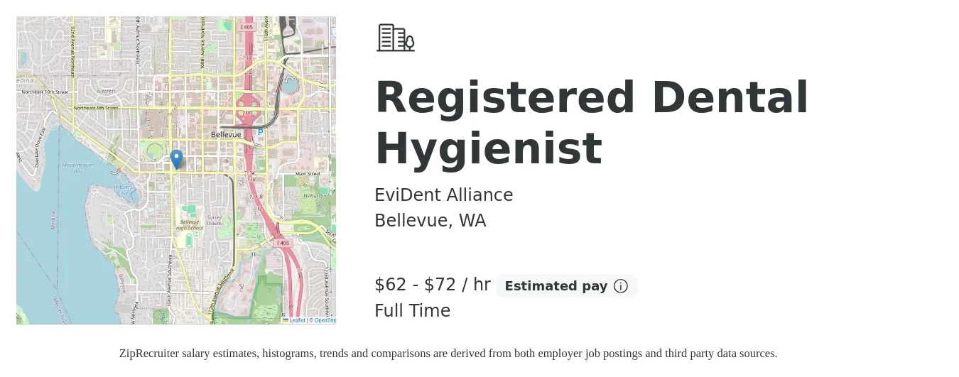 EviDent Alliance job posting for a Registered Dental Hygienist in Bellevue, WA with a salary of $65 to $75 Hourly with a map of Bellevue location.