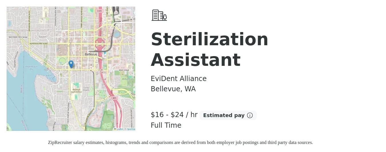 EviDent Alliance job posting for a Sterilization Assistant in Bellevue, WA with a salary of $17 to $25 Hourly with a map of Bellevue location.
