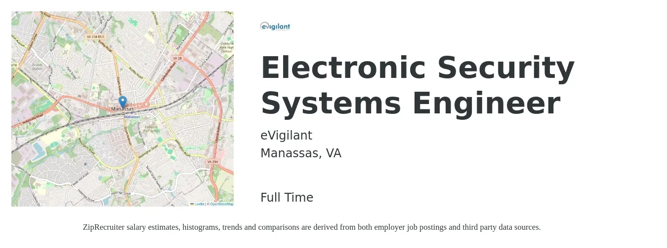 eVigilant job posting for a Electronic Security Systems Engineer in Manassas, VA with a salary of $50 to $70 Hourly with a map of Manassas location.