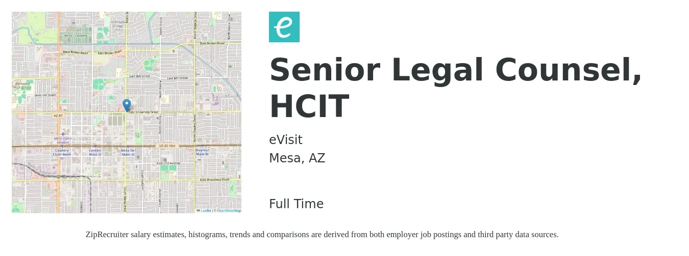eVisit job posting for a Senior Legal Counsel, HCIT in Mesa, AZ with a salary of $138,400 to $188,000 Yearly with a map of Mesa location.