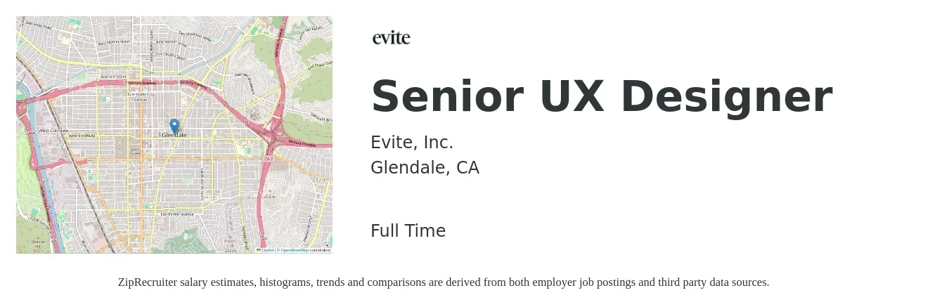Evite, Inc. job posting for a Senior UX Designer in Glendale, CA with a salary of $140 Hourly with a map of Glendale location.