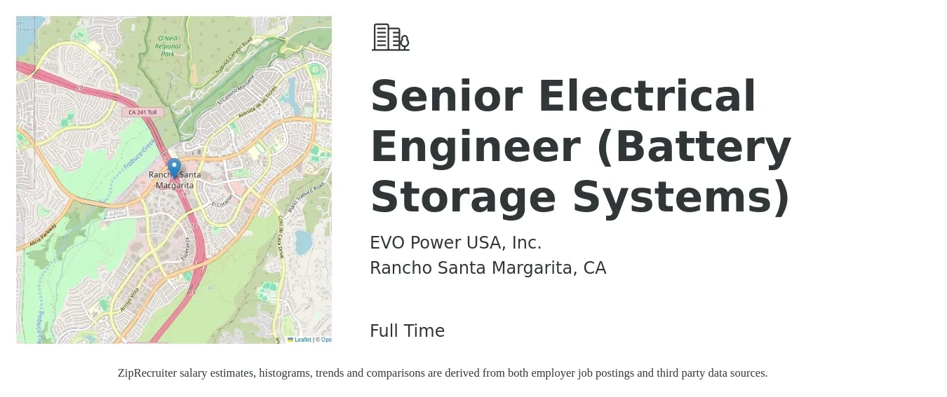EVO Power USA, Inc. job posting for a Senior Electrical Engineer (Battery Storage Systems) in Rancho Santa Margarita, CA with a salary of $116,400 to $151,600 Yearly with a map of Rancho Santa Margarita location.