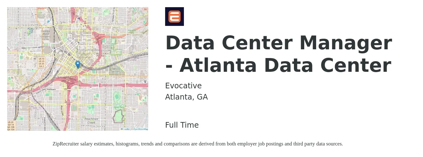 Evocative job posting for a Data Center Manager - Atlanta Data Center in Atlanta, GA with a salary of $160,600 Yearly with a map of Atlanta location.