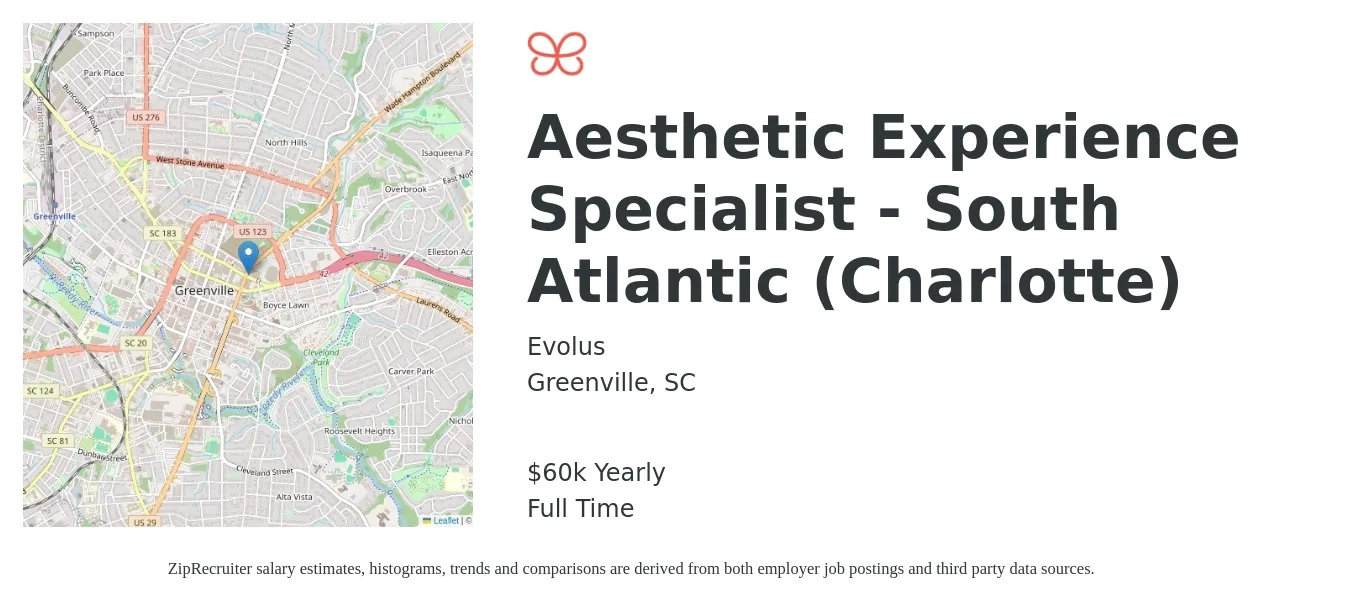 Evolus job posting for a Aesthetic Experience Specialist - South Atlantic (Charlotte) in Greenville, SC with a salary of $60,000 Yearly with a map of Greenville location.