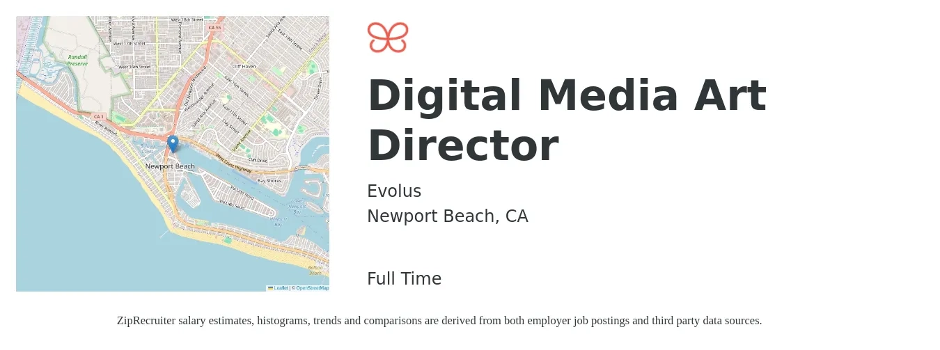 Evolus job posting for a Digital Media Art Director in Newport Beach, CA with a salary of $40,800 to $84,900 Yearly with a map of Newport Beach location.