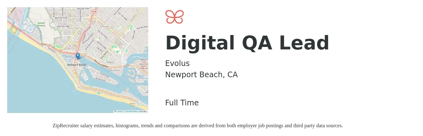 Evolus job posting for a Digital QA Lead in Newport Beach, CA with a salary of $33 to $69 Hourly with a map of Newport Beach location.