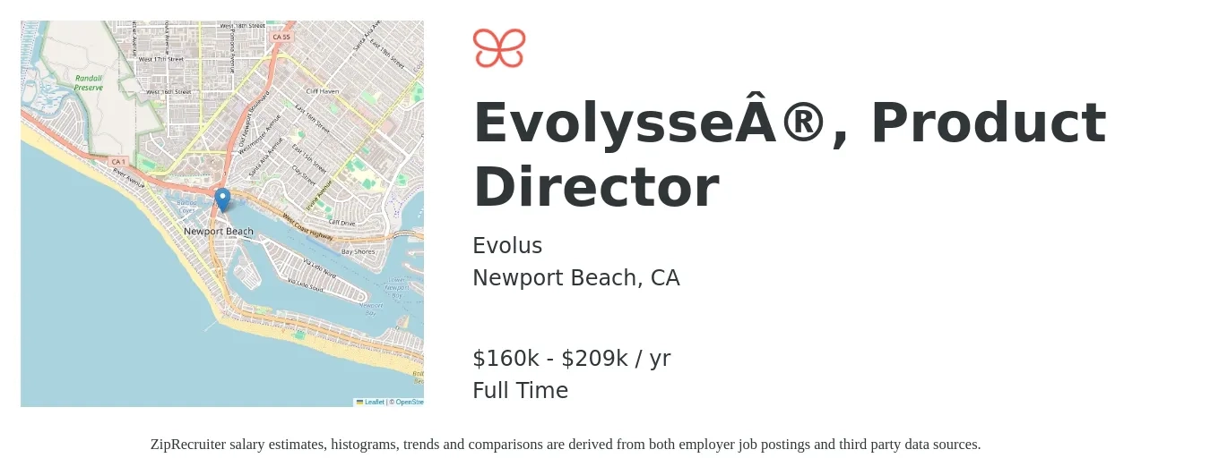 Evolus job posting for a Evolysse®, Product Director in Newport Beach, CA with a salary of $160,600 to $209,000 Yearly with a map of Newport Beach location.