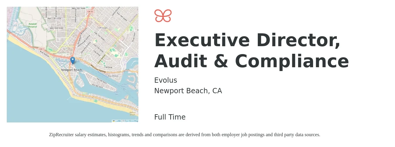 Evolus job posting for a Executive Director, Audit & Compliance in Newport Beach, CA with a salary of $227,000 to $296,000 Yearly with a map of Newport Beach location.