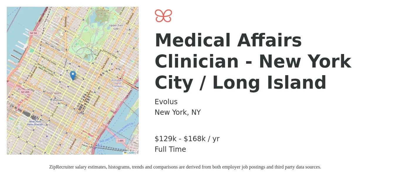Evolus job posting for a Medical Affairs Clinician - New York City / Long Island in New York, NY with a salary of $129,800 to $168,680 Yearly with a map of New York location.