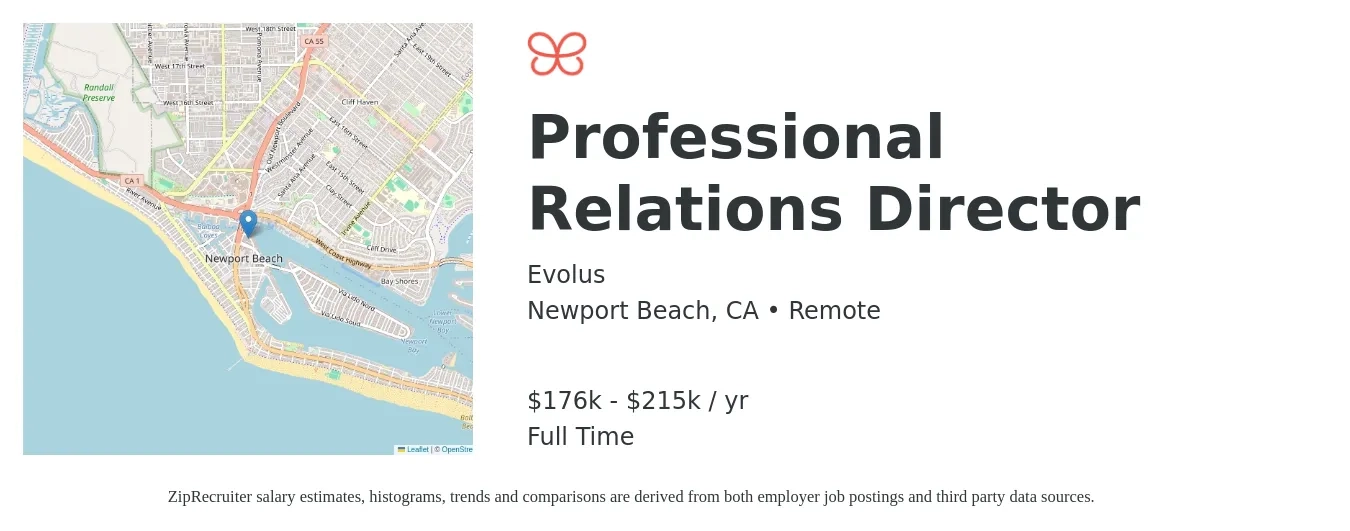 Evolus job posting for a Professional Relations Director in Newport Beach, CA with a salary of $176,000 to $215,000 Yearly with a map of Newport Beach location.