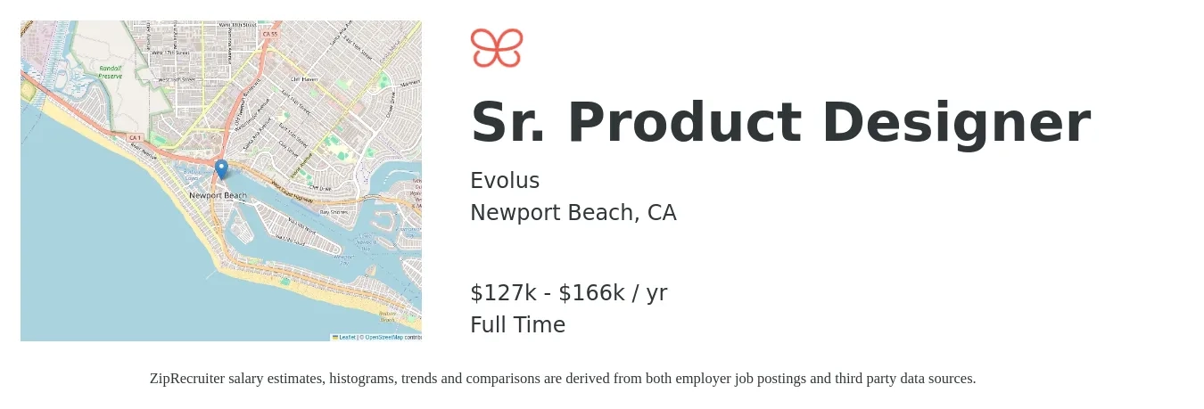 Evolus job posting for a Sr. Product Designer in Newport Beach, CA with a salary of $127,800 to $166,100 Yearly with a map of Newport Beach location.