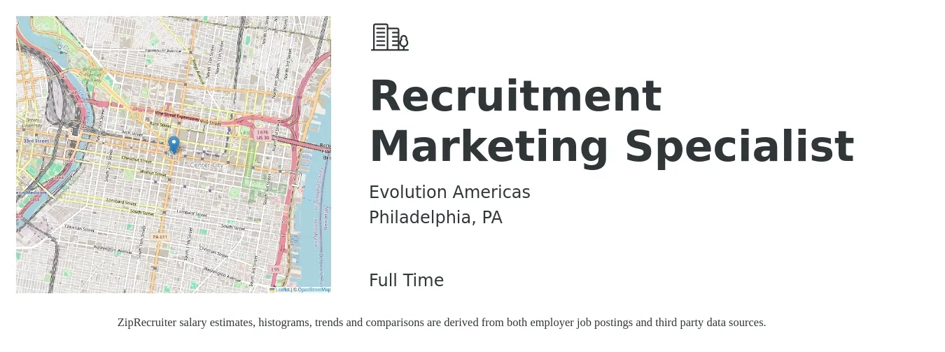 Evolution Americas job posting for a Recruitment Marketing Specialist in Philadelphia, PA with a salary of $47,900 to $70,600 Yearly with a map of Philadelphia location.