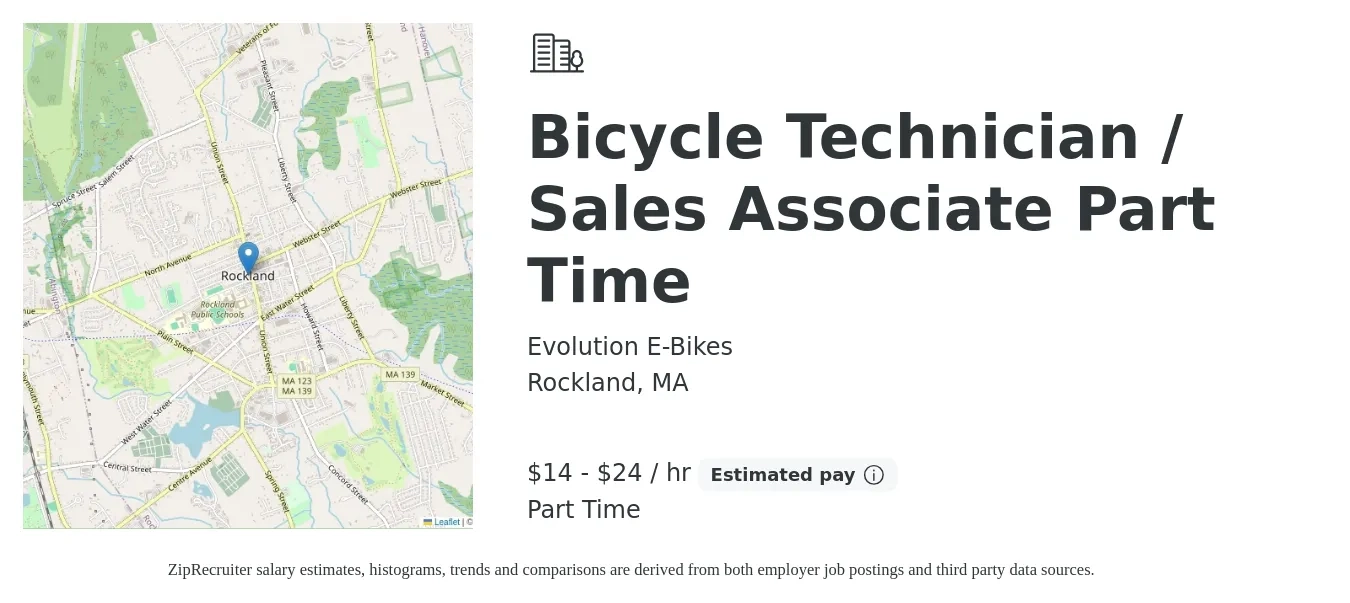 Evolution E-Bikes job posting for a Bicycle Technician / Sales Associate Part Time in Rockland, MA with a salary of $15 to $25 Hourly with a map of Rockland location.