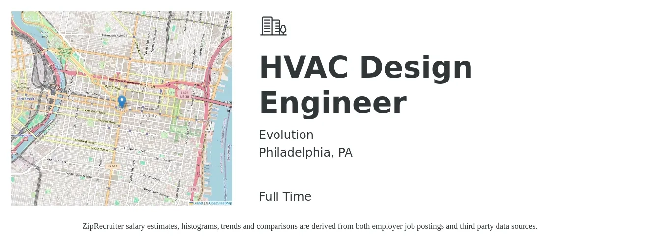 Evolution job posting for a HVAC Design Engineer in Philadelphia, PA with a salary of $85,800 to $100,900 Yearly with a map of Philadelphia location.