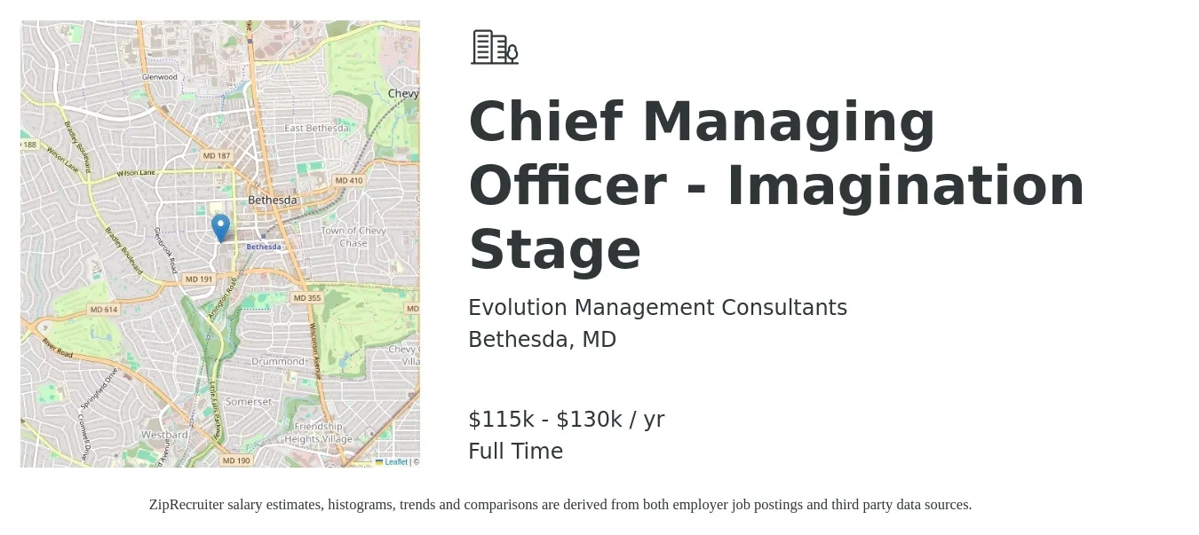 Evolution Management Consultants job posting for a Chief Managing Officer - Imagination Stage in Bethesda, MD with a salary of $115,000 to $130,000 Yearly with a map of Bethesda location.
