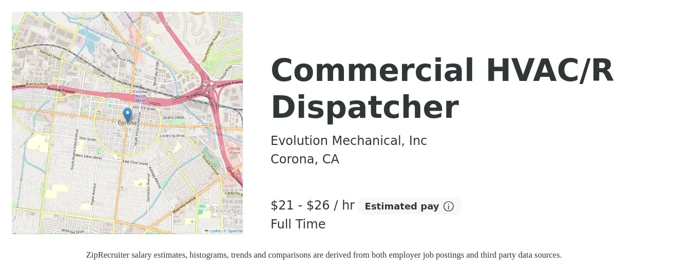 Evolution Mechanical, Inc job posting for a Commercial HVAC/R Dispatcher in Corona, CA with a salary of $22 to $28 Hourly with a map of Corona location.