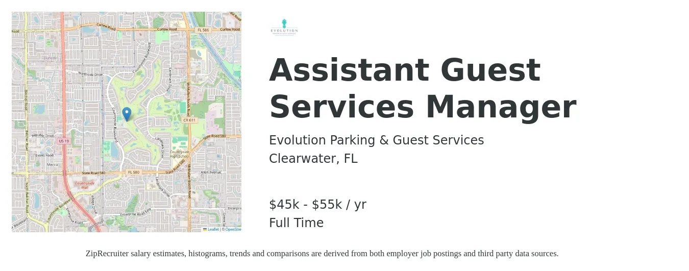 Evolution Parking & Guest Services job posting for a Assistant Guest Services Manager in Clearwater, FL with a salary of $45,000 to $55,000 Yearly with a map of Clearwater location.