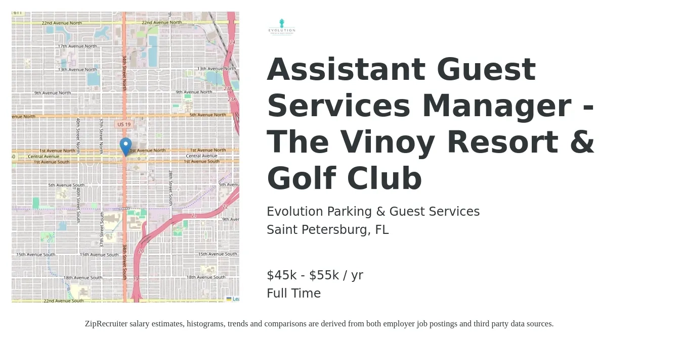 Evolution Parking & Guest Services job posting for a Assistant Guest Services Manager - The Vinoy Resort & Golf Club in Saint Petersburg, FL with a salary of $45,000 to $55,000 Yearly with a map of Saint Petersburg location.