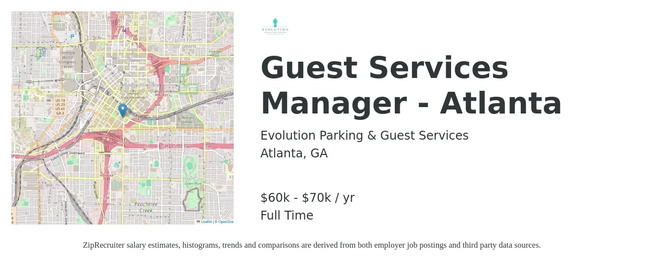 Evolution Parking & Guest Services job posting for a Guest Services Manager - Atlanta in Atlanta, GA with a salary of $60,000 to $70,000 Yearly with a map of Atlanta location.