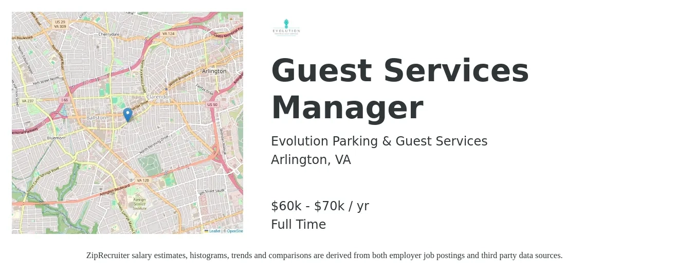 Evolution Parking & Guest Services job posting for a Guest Services Manager in Arlington, VA with a salary of $60,000 to $70,000 Yearly with a map of Arlington location.