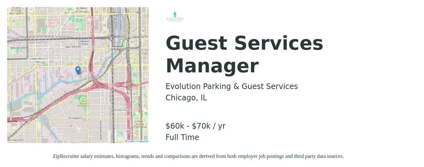 Evolution Parking & Guest Services job posting for a Guest Services Manager in Chicago, IL with a salary of $65,000 Yearly with a map of Chicago location.